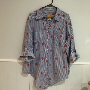 Ruby Rd blue stripe women shirt bottoms down with  embroidered flowers size 3X